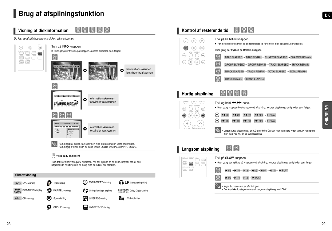 Samsung HT-X200R/XEE manual Brug af afspilningsfunktion, Hurtig afspilning, Langsom afspilning, Skærmvisning 