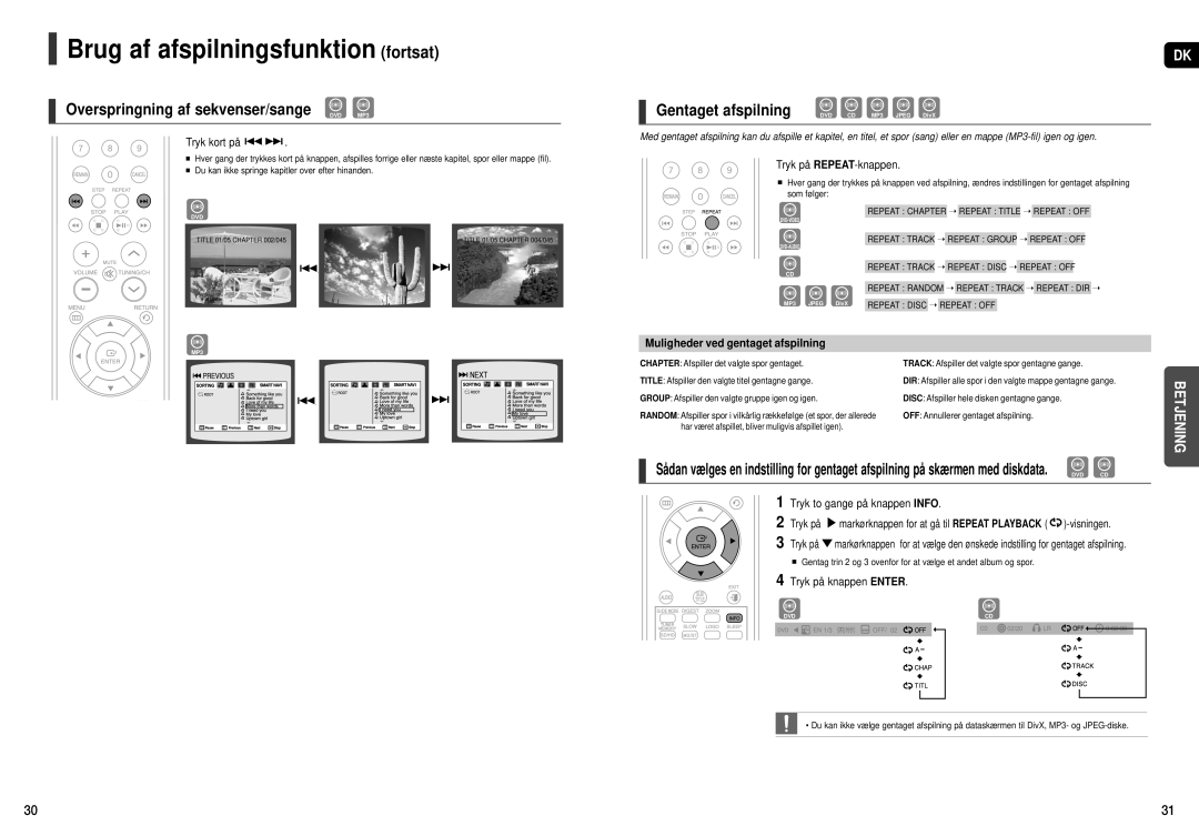 Samsung HT-X200R/XEE Brug af afspilningsfunktion fortsat, Overspringning af sekvenser/sange DVD MP3, Gentaget afspilning 