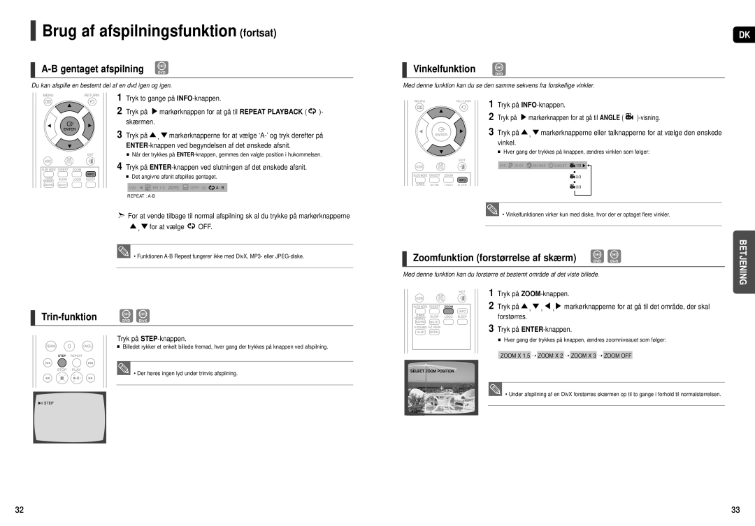 Samsung HT-X200R/XEE manual Gentaget afspilning DVD, Trin-funktion, Vinkelfunktion 