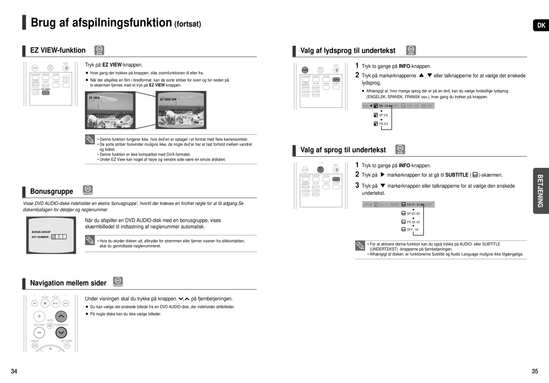 Samsung HT-X200R/XEE manual EZ VIEW-funktion, Bonusgruppe DVD-AUDIO, Navigation mellem sider DVD-AUDIO 