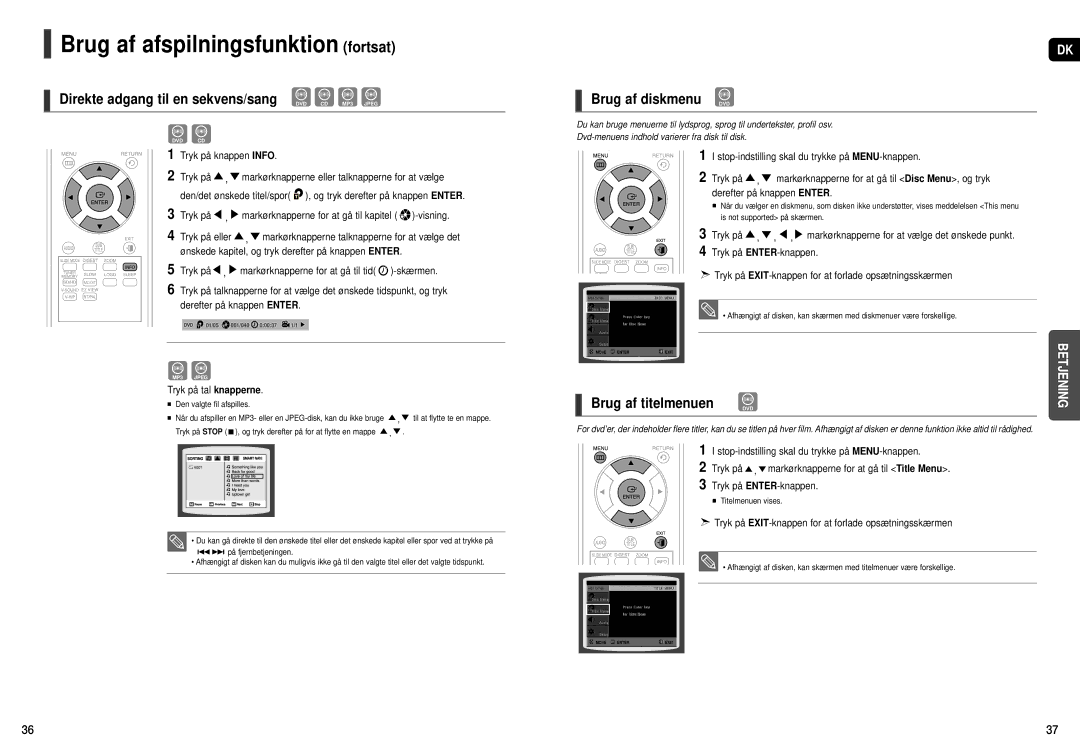 Samsung HT-X200R/XEE manual Brug af diskmenu DVD, Brug af titelmenuen, Derefter på knappen Enter, Tryk på tal knapperne 