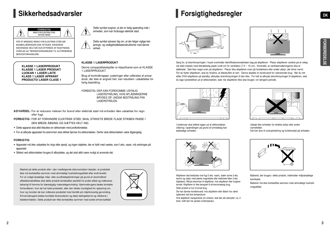 Samsung HT-X200R/XEE Sikkerhedsadvarsler ForsigtighedsreglerDK, Denne compactdiskafspiller er klassificeret som et Klasse 