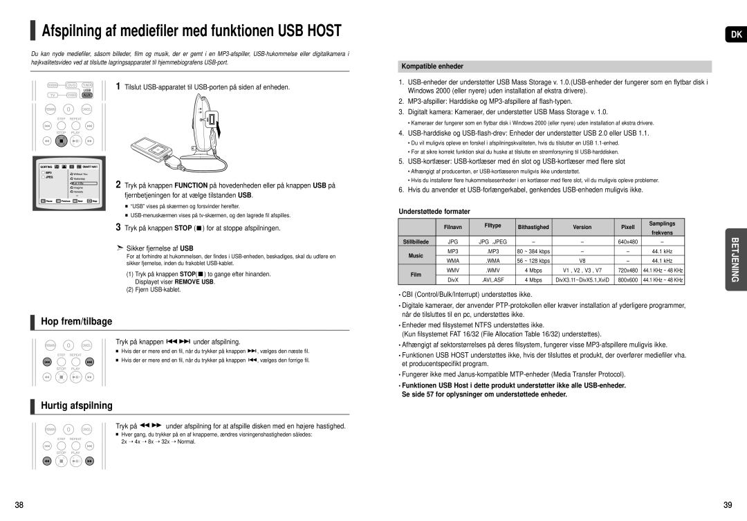 Samsung HT-X200R/XEE manual Hop frem/tilbage, Tryk på knappen under afspilning, Kompatible enheder, Filnavn FIltype 