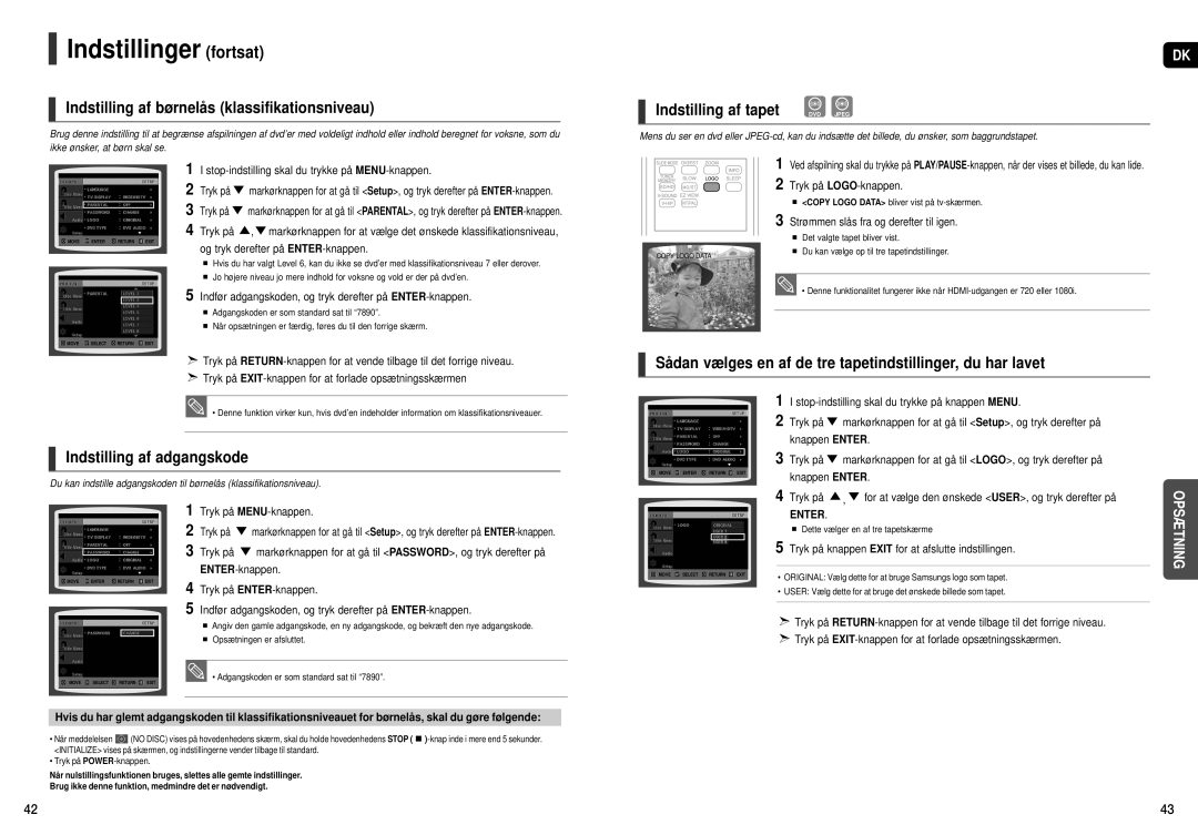 Samsung HT-X200R/XEE manual Indstillinger fortsat, Indstilling af børnelås klassifikationsniveau, Indstilling af tapet 