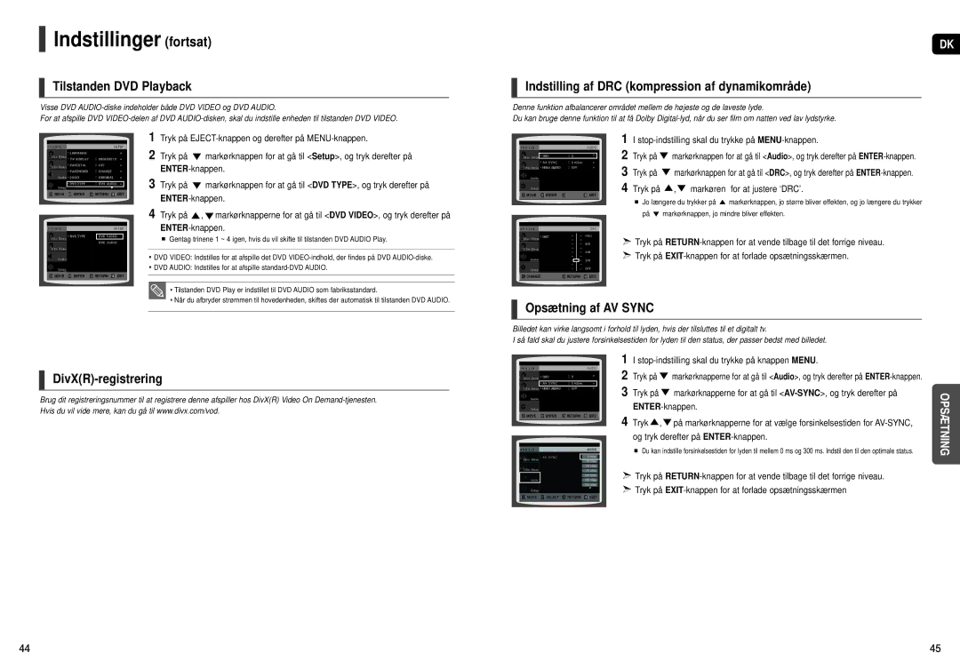 Samsung HT-X200R/XEE Tilstanden DVD Playback, Opsætning af AV Sync, Tryk på EJECT-knappen og derefter på MENU-knappen 