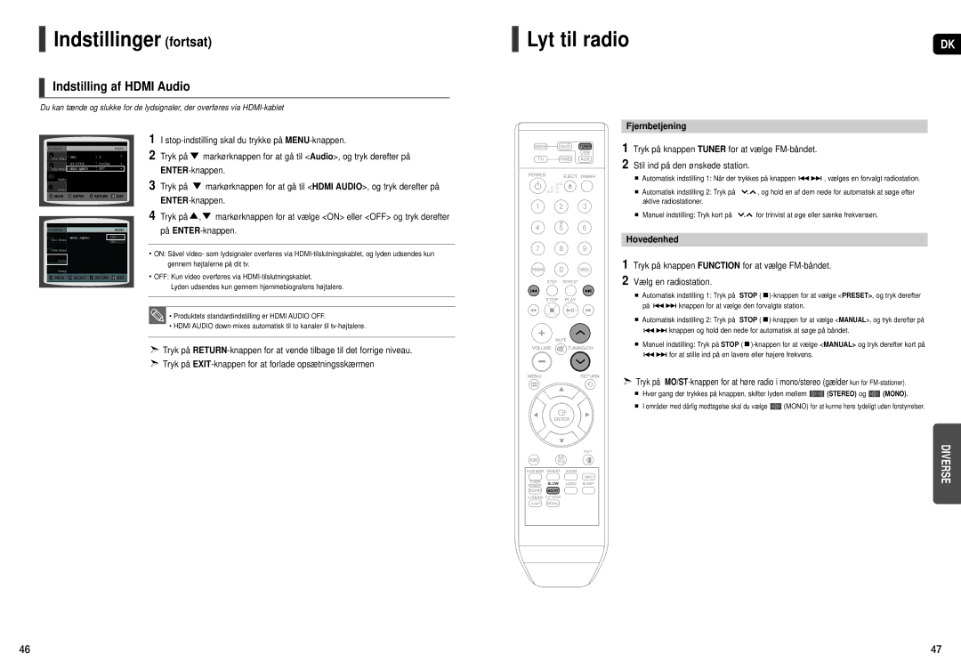 Samsung HT-X200R/XEE manual Indstilling af Hdmi Audio, Fjernbetjening, På ENTER-knappen, Hovedenhed, Mono 