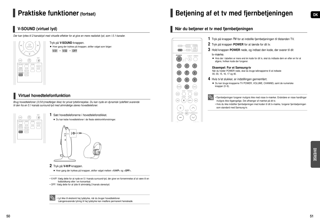 Samsung HT-X200R/XEE manual Praktiske funktioner fortsat, Betjening af et tv med fjernbetjeningen, Sound virtuel lyd 