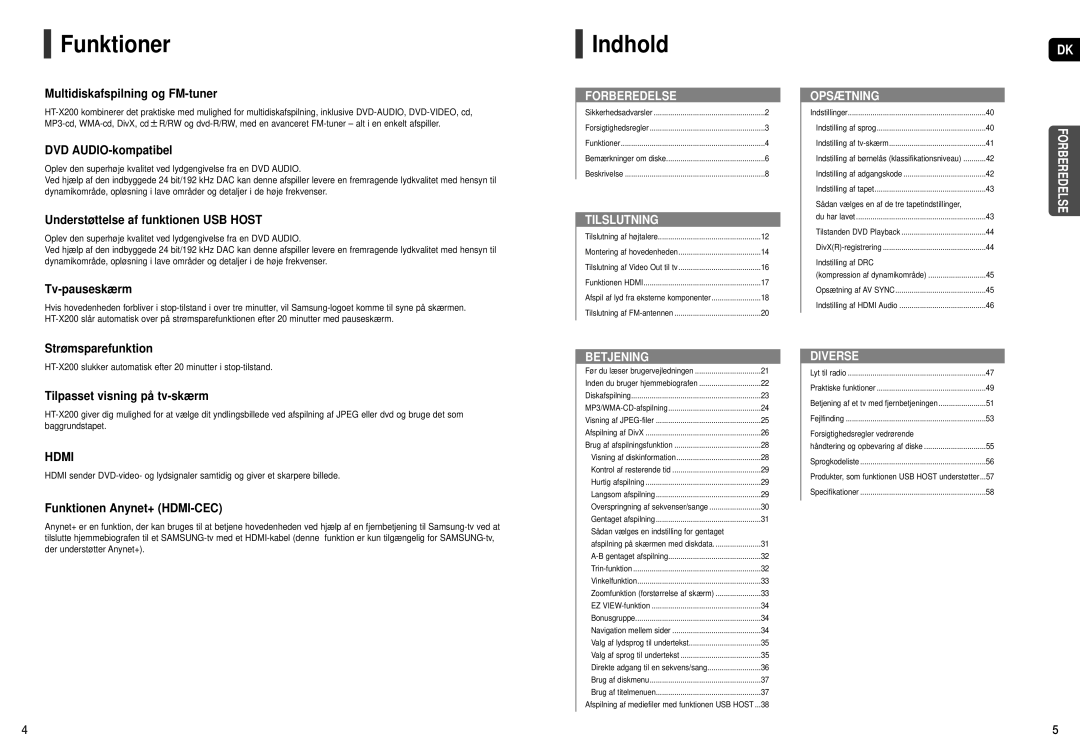 Samsung HT-X200R/XEE manual Funktioner, Indhold 