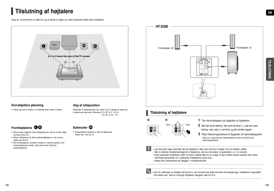 Samsung HT-X200R/XEE manual Tilslutning af højtalere, Tilslutning af højttalere 