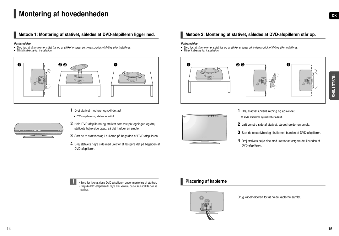 Samsung HT-X200R/XEE manual Montering af hovedenheden, Placering af kablerne, Drej stativet mod uret og skil det ad 