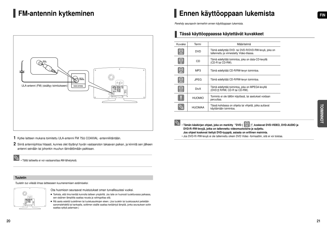 Samsung HT-X200R/XEE FM-antennin kytkeminen, Ennen käyttöoppaan lukemista, Tässä käyttöoppaassa käytettävät kuvakkeet 