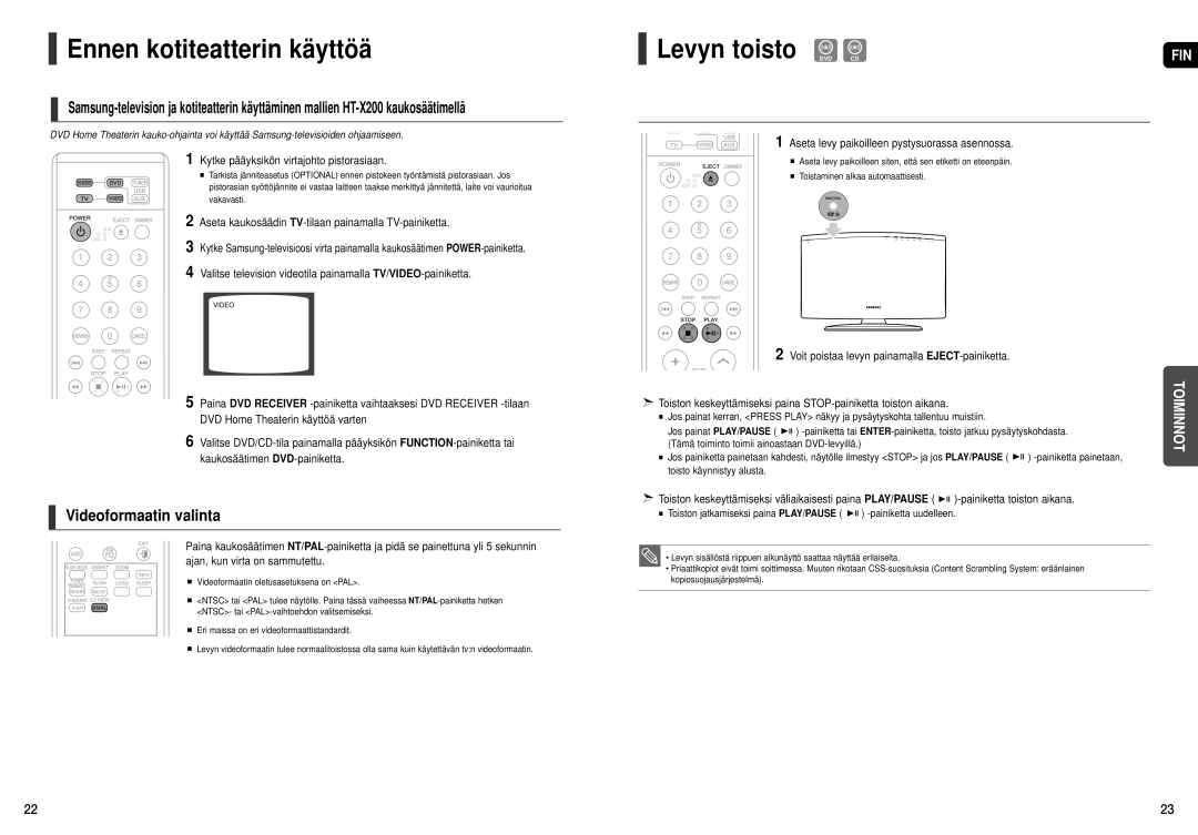 Samsung HT-X200R/XEE manual Ennen kotiteatterin käyttöä, Levyn toisto DVD CD, Videoformaatin valinta 