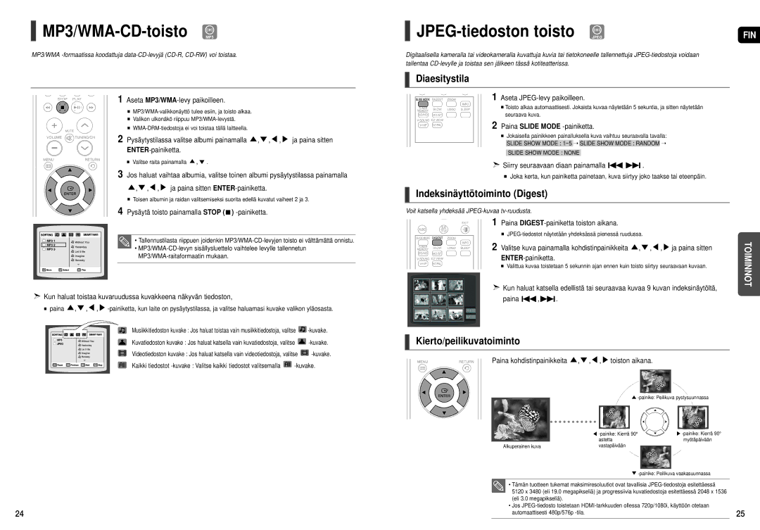 Samsung HT-X200R/XEE manual MP3/WMA-CD-toisto MP3, JPEG-tiedoston toisto Jpeg, Diaesitystila, Indeksinäyttötoiminto Digest 