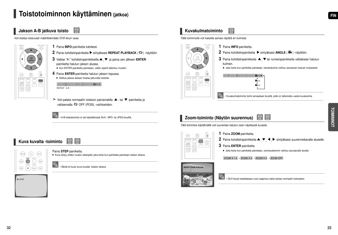 Samsung HT-X200R/XEE manual Jakson A-B jatkuva toisto DVD, Kuva kuvalta -toiminto DVD DivX, Kuvakulmatoiminto 