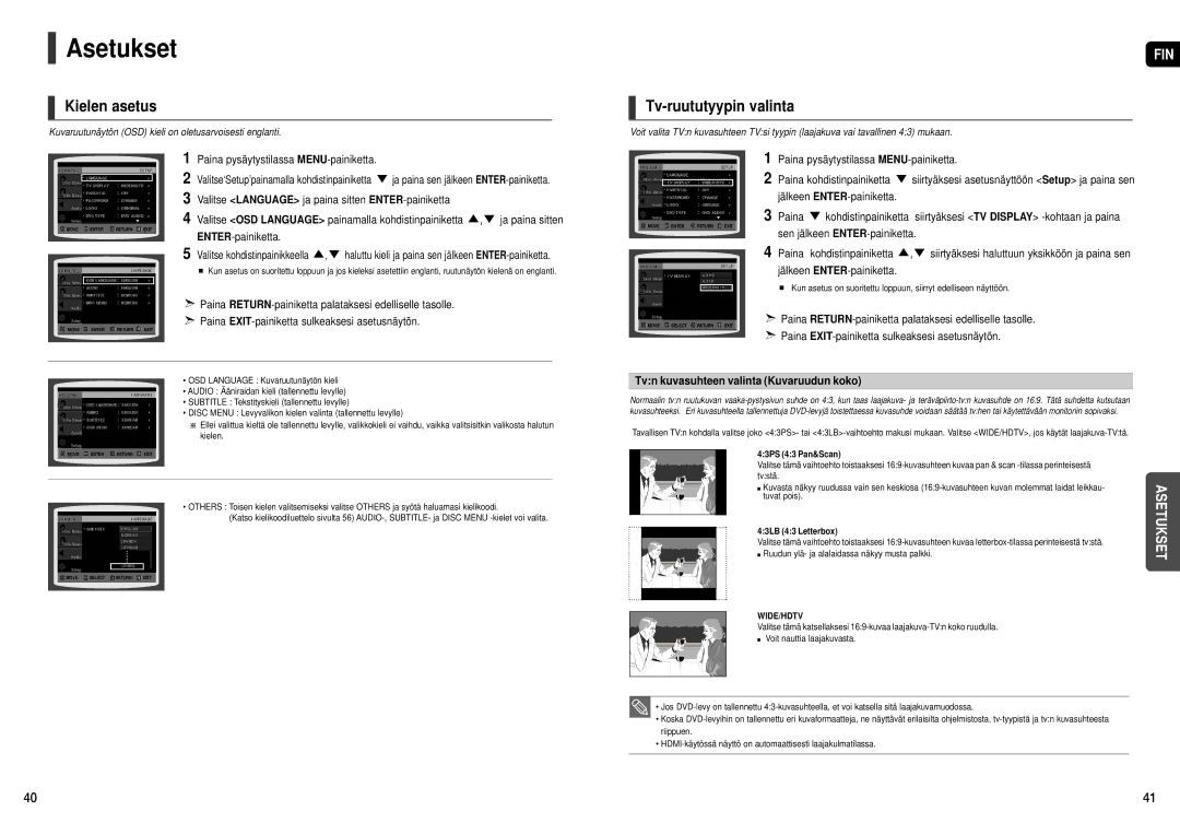 Samsung HT-X200R/XEE manual Asetukset, Kielen asetus, Tv-ruututyypin valinta, Tvn kuvasuhteen valinta Kuvaruudun koko 