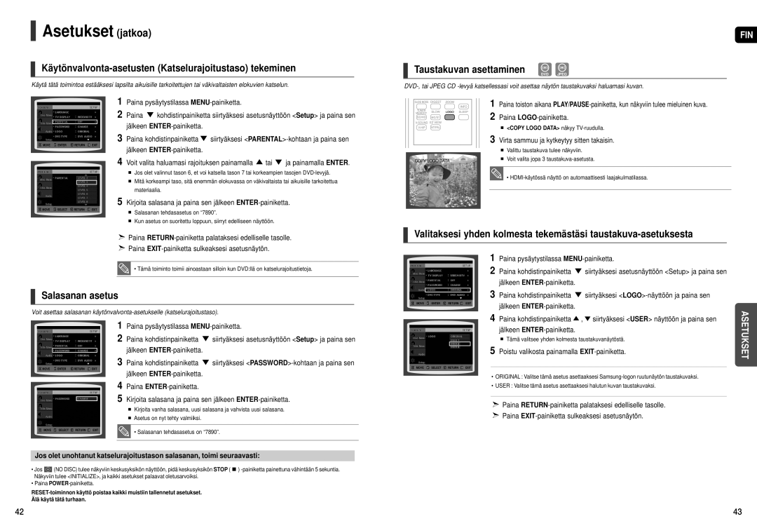 Samsung HT-X200R/XEE Asetukset jatkoa, Käytönvalvonta-asetusten Katselurajoitustaso tekeminen, Taustakuvan asettaminen 