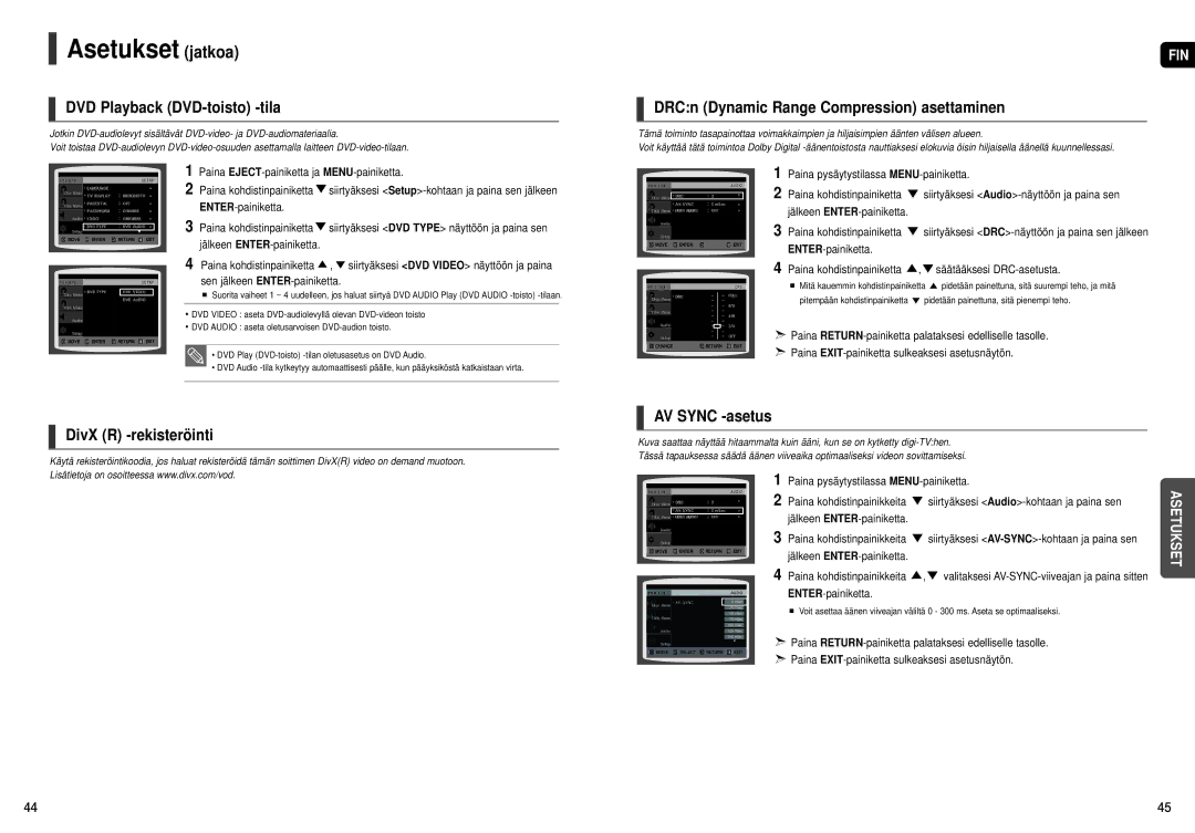 Samsung HT-X200R/XEE DVD Playback DVD-toisto -tila, DRCn Dynamic Range Compression asettaminen, DivX R -rekisteröinti 