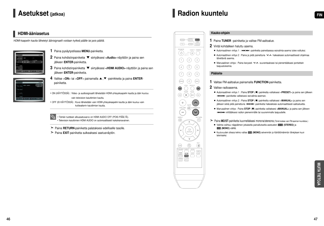 Samsung HT-X200R/XEE manual Radion kuuntelu, HDMI-ääniasetus, Kauko-ohjain, Päälaite, Mono välillä 