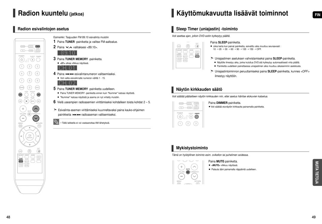 Samsung HT-X200R/XEE manual Radion kuuntelu jatkoa, Käyttömukavuutta lisäävät toiminnot 