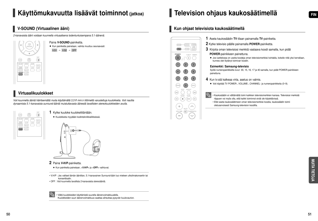 Samsung HT-X200R/XEE manual Käyttömukavuutta lisäävät toiminnot jatkoa, Sound Virtuaalinen ääni, Virtuaalikuulokkeet 