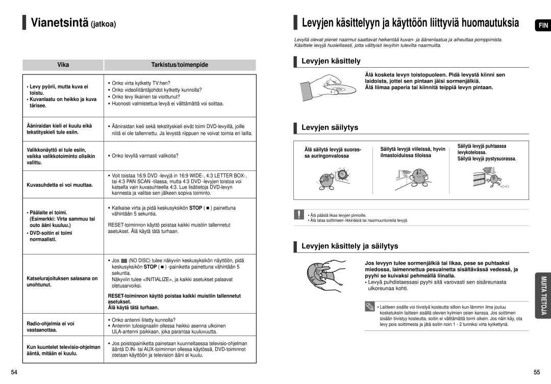 Samsung HT-X200R/XEE manual Vianetsintä jatkoa, Levyjen säilytys, Levyjen käsittely ja säilytys 