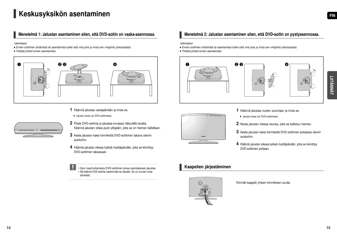 Samsung HT-X200R/XEE manual Keskusyksikön asentaminen, Kaapelien järjestäminen, Käännä jalustaa vastapäivään ja irrota se 