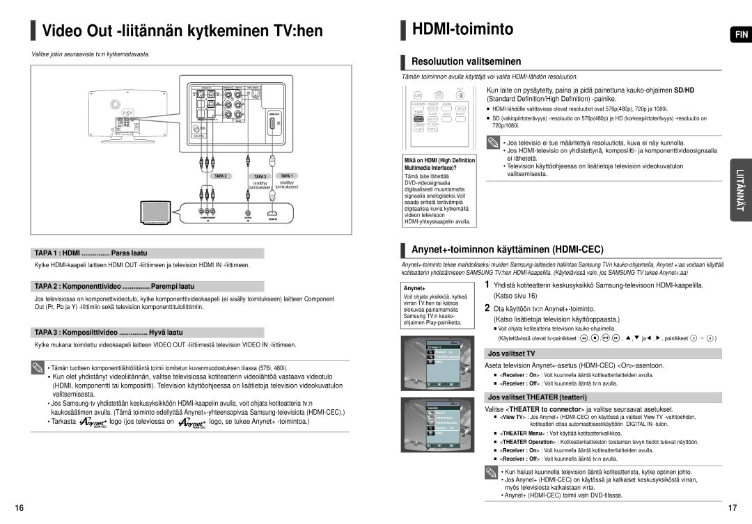 Samsung HT-X200R/XEE manual Video Out -liitännän kytkeminen TVhen, HDMI-toiminto, Resoluution valitseminen 