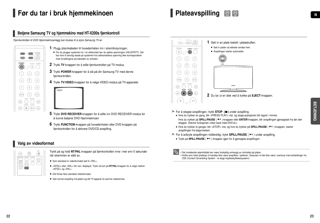 Samsung HT-X200R/XEE manual Plateavspilling DVD CD, Sett in en plate lodrett i plateskuffen 