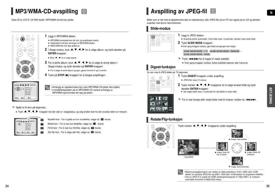 Samsung HT-X200R/XEE manual MP3/WMA-CD-avspilling MP3, Avspilling av JPEG-fil Jpeg, Slide-modus, Digest-funksjon 