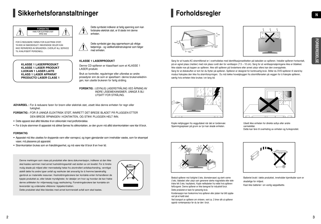 Samsung HT-X200R/XEE manual Sikkerhetsforanstaltninger, Forholdsregler 