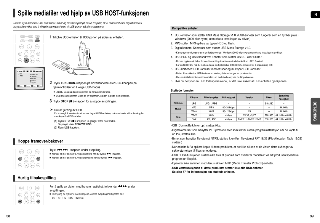 Samsung HT-X200R/XEE Hoppe framover/bakover, Hurtig tilbakespilling, Trykk -knappen under avspilling, Kompatible enheter 