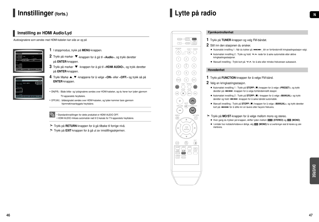 Samsung HT-X200R/XEE manual Lytte på radio, Innstilling av Hdmi Audio/Lyd, Fjernkontrollenhet, Hovedenhet 