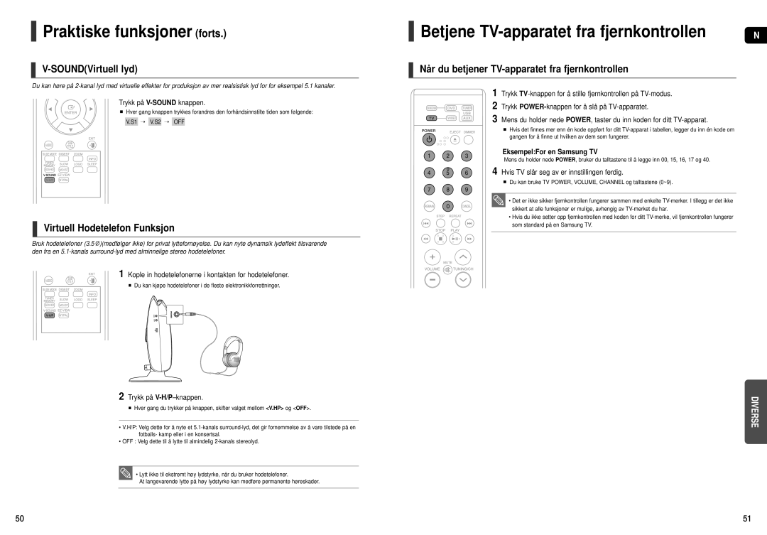 Samsung HT-X200R/XEE manual Praktiske funksjoner forts, Betjene TV-apparatet fra fjernkontrollen, SOUNDVirtuell lyd 