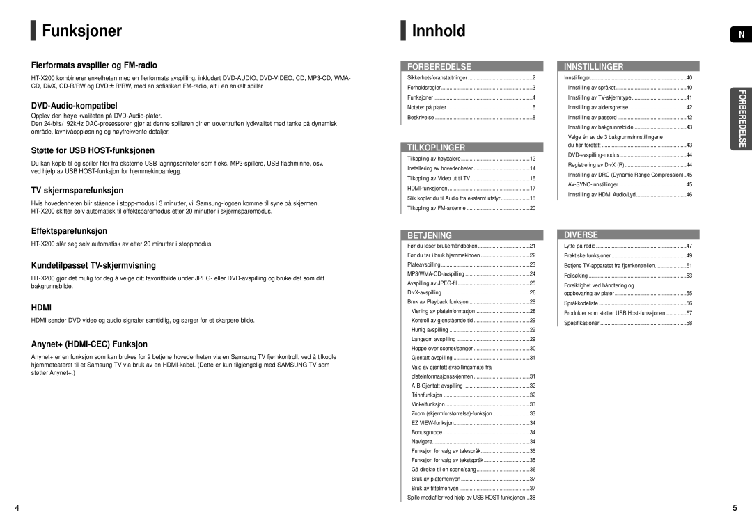 Samsung HT-X200R/XEE manual Funksjoner, Innhold 