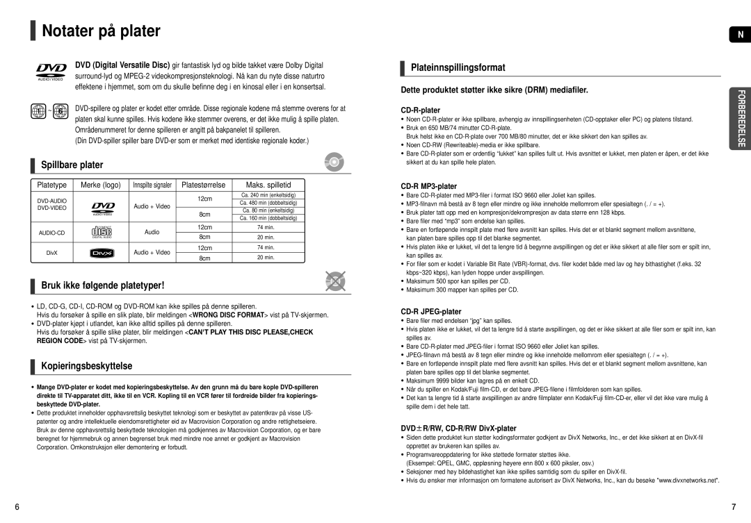 Samsung HT-X200R/XEE manual Notater på plater, Spillbare plater, Bruk ikke følgende platetyper, Kopieringsbeskyttelse 