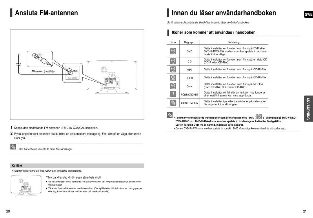 Samsung HT-X200R/XEE Ansluta FM-antennen, Innan du läser användarhandboken, Ikoner som kommer att användas i handboken 