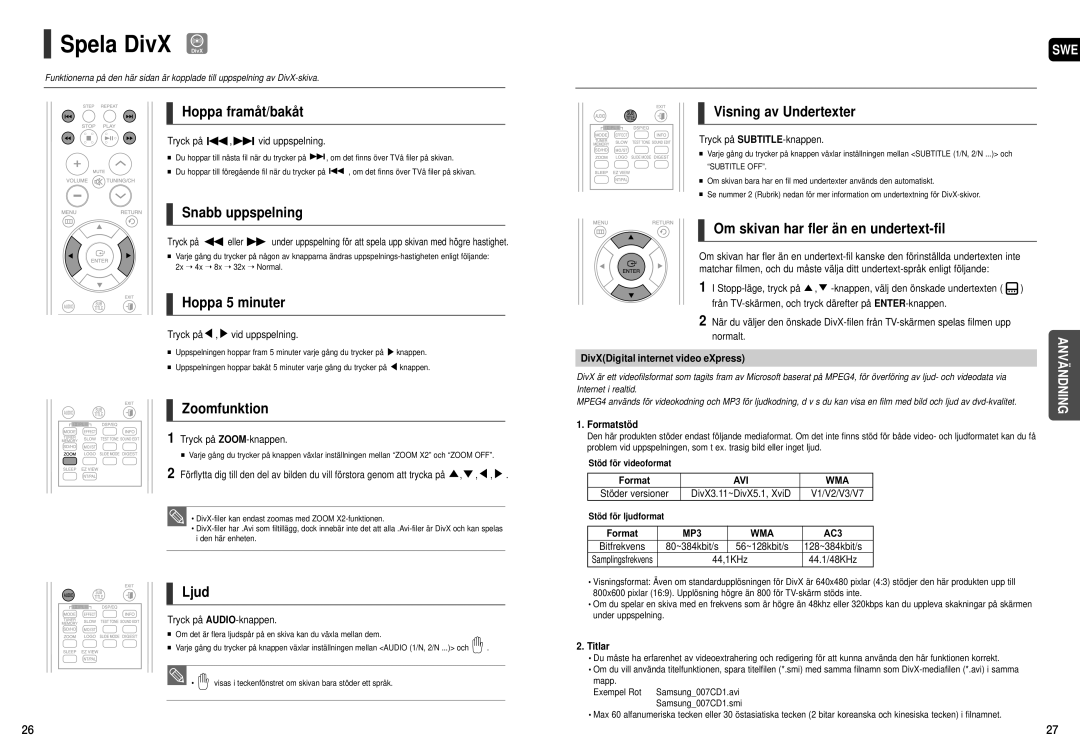 Samsung HT-X200R/XEE manual Spela DivX DivX 