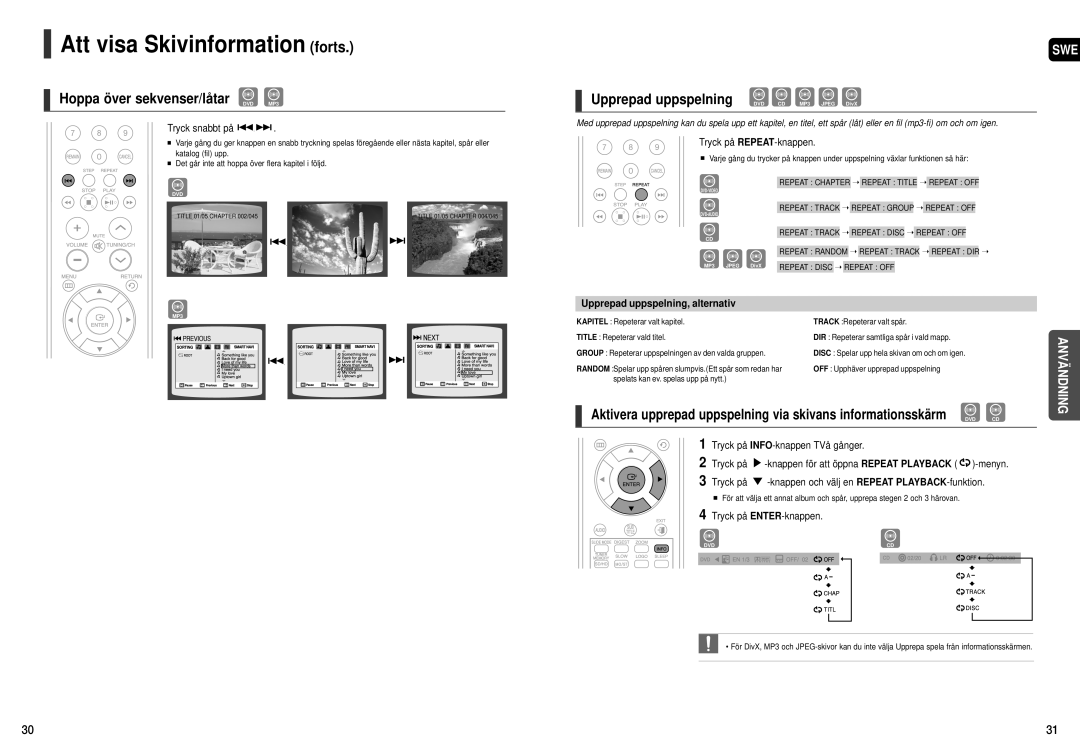 Samsung HT-X200R/XEE Att visa Skivinformation forts, Hoppa över sekvenser/låtar DVD MP3, Upprepad uppspelning, alternativ 