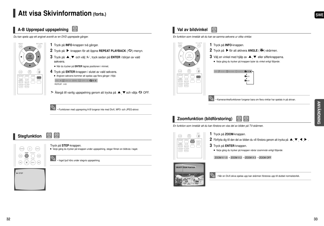 Samsung HT-X200R/XEE manual Stegfunktion DVD DivX, Val av bildvinkel 