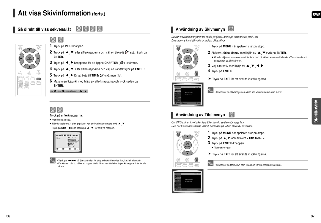 Samsung HT-X200R/XEE manual Användning av Skivmenyn DVD, Användning av Titelmenyn, Knapparna för att öppna Chapter -skärmen 