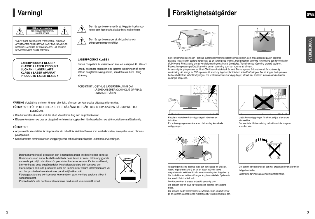 Samsung HT-X200R/XEE manual Varning FörsiktighetsåtgärderSWE, Säkerhetsvarning 