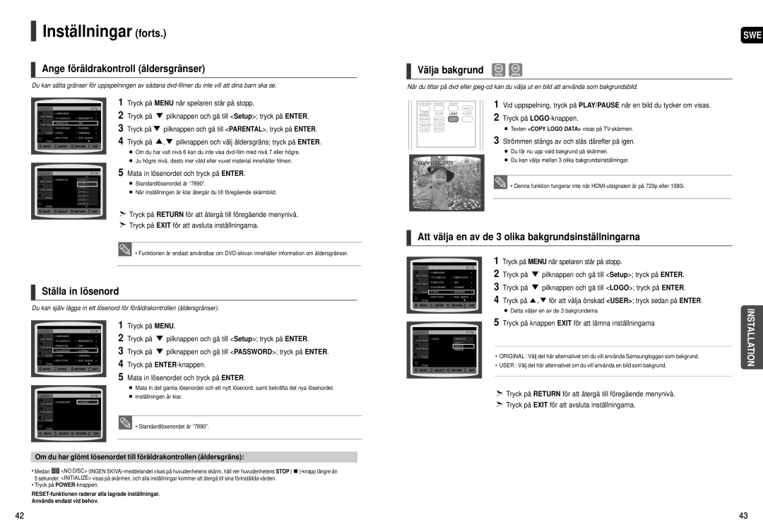 Samsung HT-X200R/XEE manual Inställningar forts, Ange föräldrakontroll åldersgränser, Välja bakgrund, Ställa in lösenord 