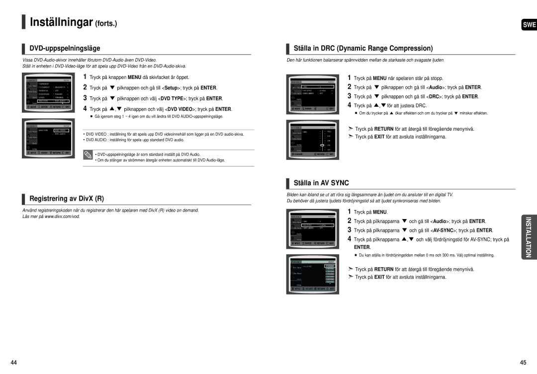 Samsung HT-X200R/XEE manual DVD-uppspelningsläge, Ställa in DRC Dynamic Range Compression, Tryck på För att justera DRC 