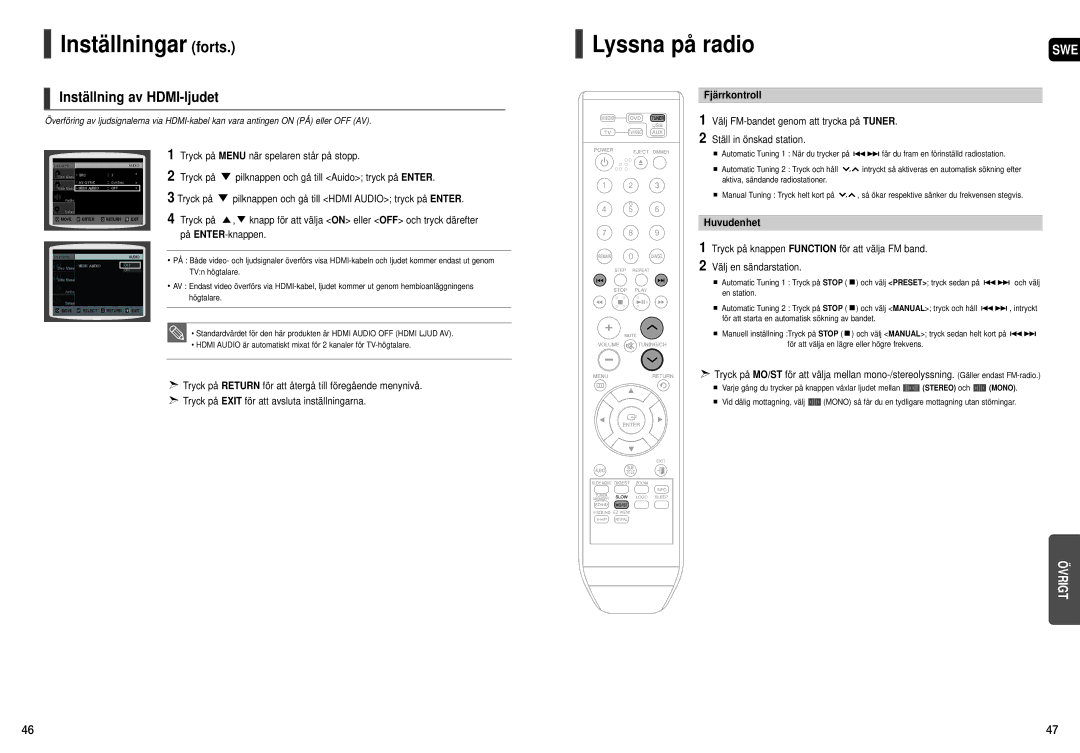 Samsung HT-X200R/XEE manual Lyssna på radio, Inställning av HDMI-ljudet, Fjärrkontroll, Huvudenhet 