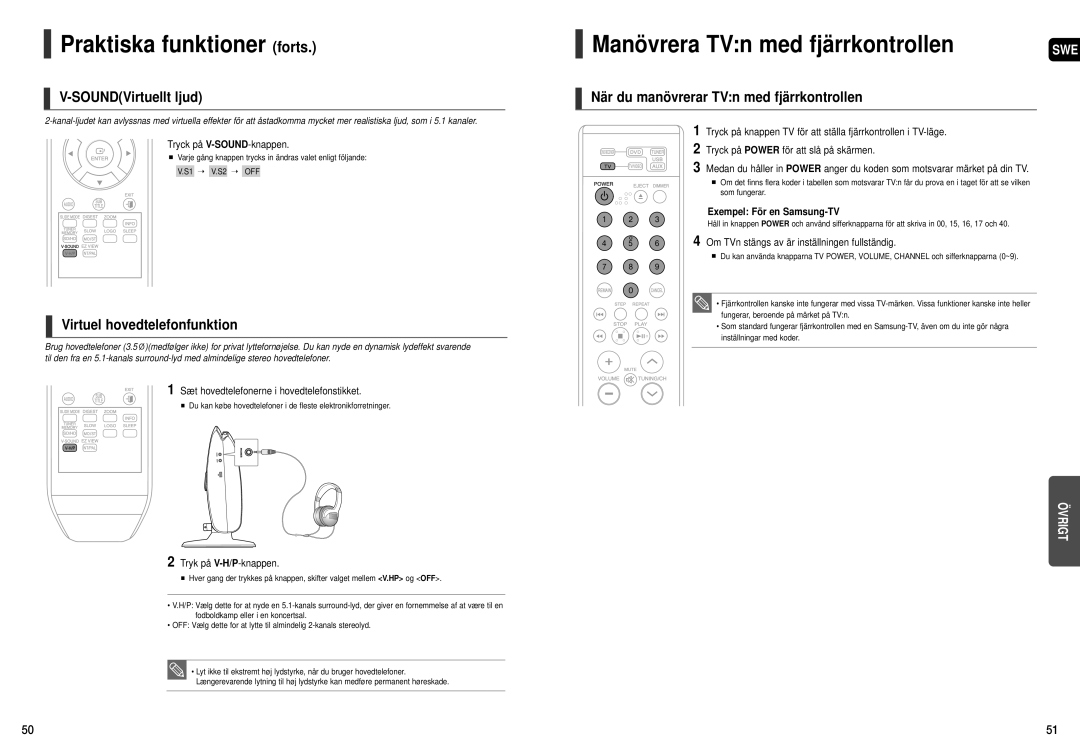 Samsung HT-X200R/XEE manual Praktiska funktioner forts, Manövrera TVn med fjärrkontrollen, SOUNDVirtuellt ljud 