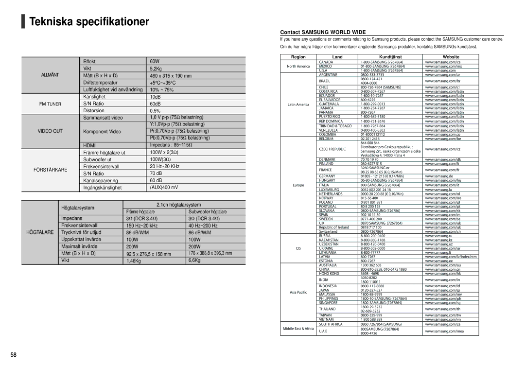 Samsung HT-X200R/XEE manual Tekniska specifikationer 