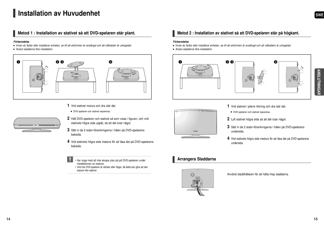 Samsung HT-X200R/XEE manual Installation av Huvudenhet, Arrangera Sladdarna, Vrid stativet moturs och dra isär det 