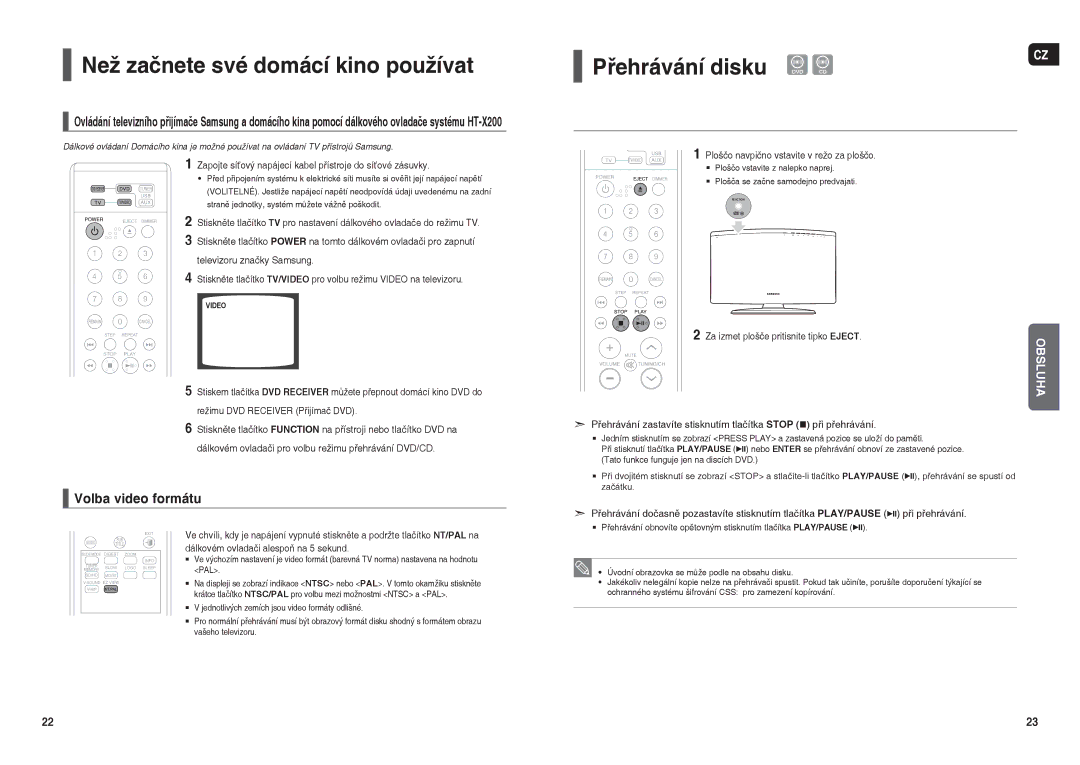 Samsung HT-X200R/XEF, HT-X200R/XEO manual Než začnete své domácí kino používat, Přehrávání disku, Volba video formátu 