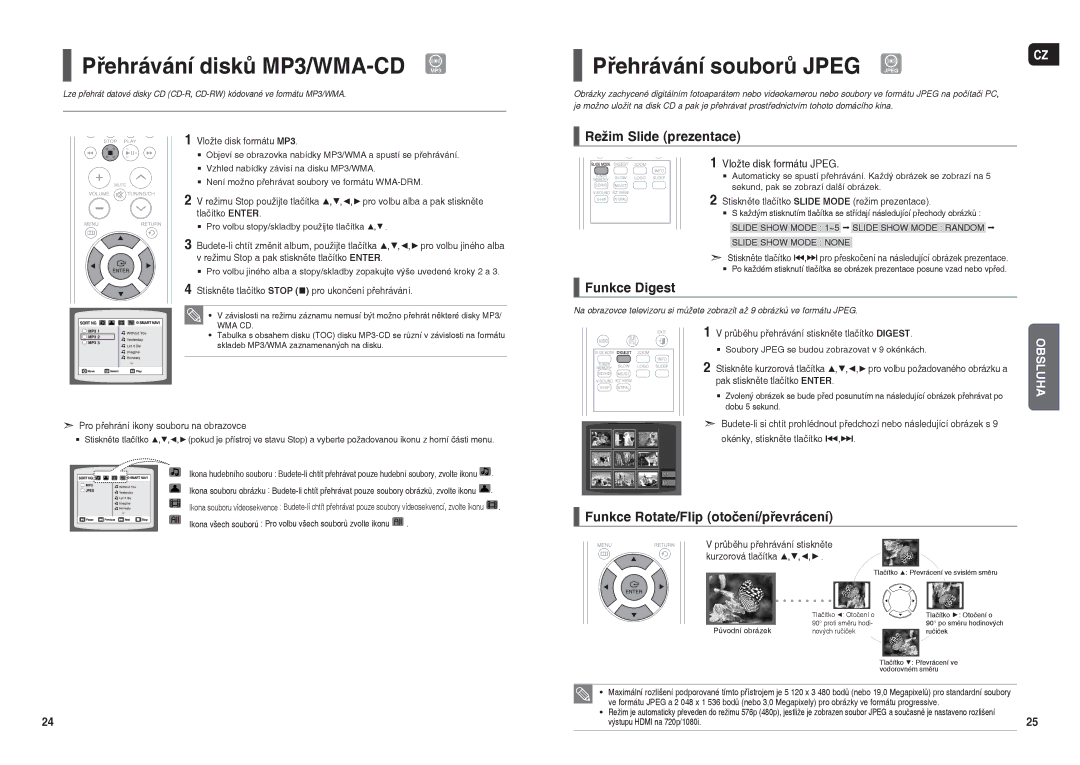 Samsung HT-X200R/XEO manual Přehrávání disků MP3/WMA-CD, Přehrávání souborů Jpeg, Režim Slide prezentace, Funkce Digest 