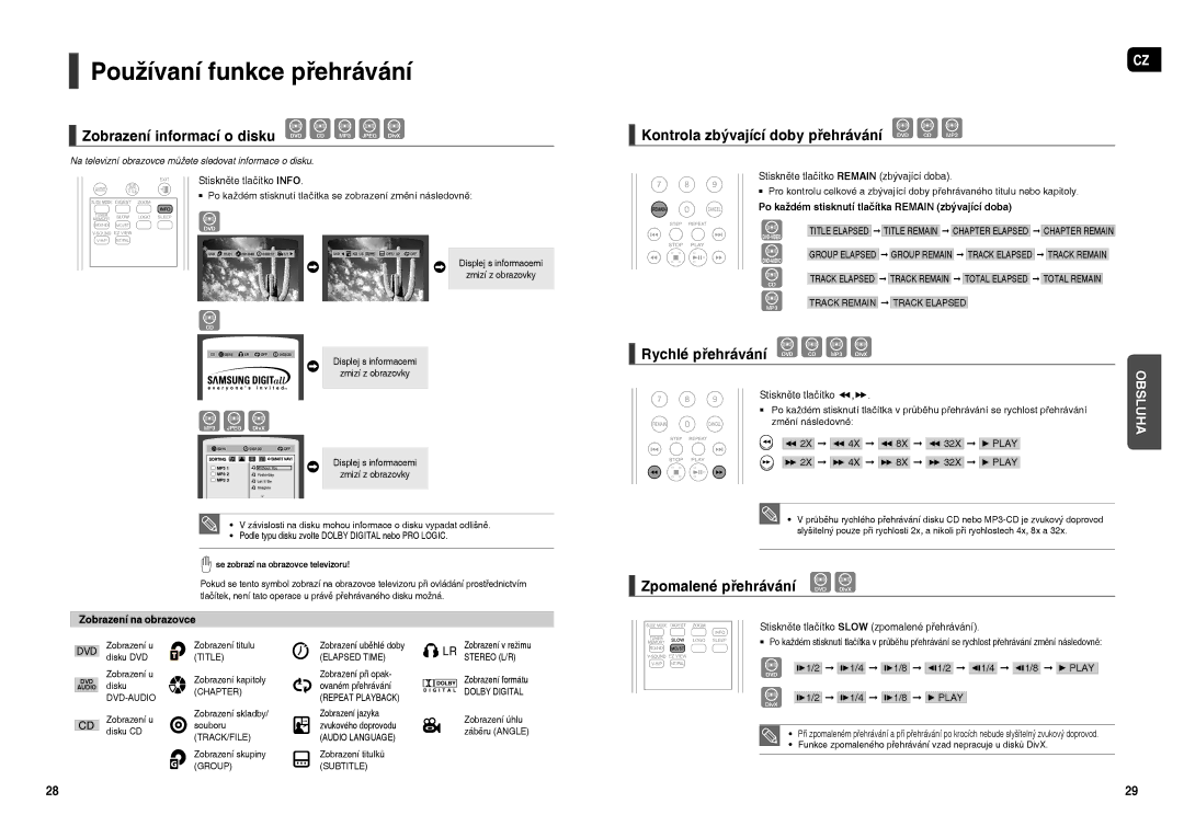 Samsung HT-X200R/XEO, HT-X200R/XEF manual Používaní funkce přehrávání, Zobrazení informací o disku DVD CD MP3 Jpeg DivX 